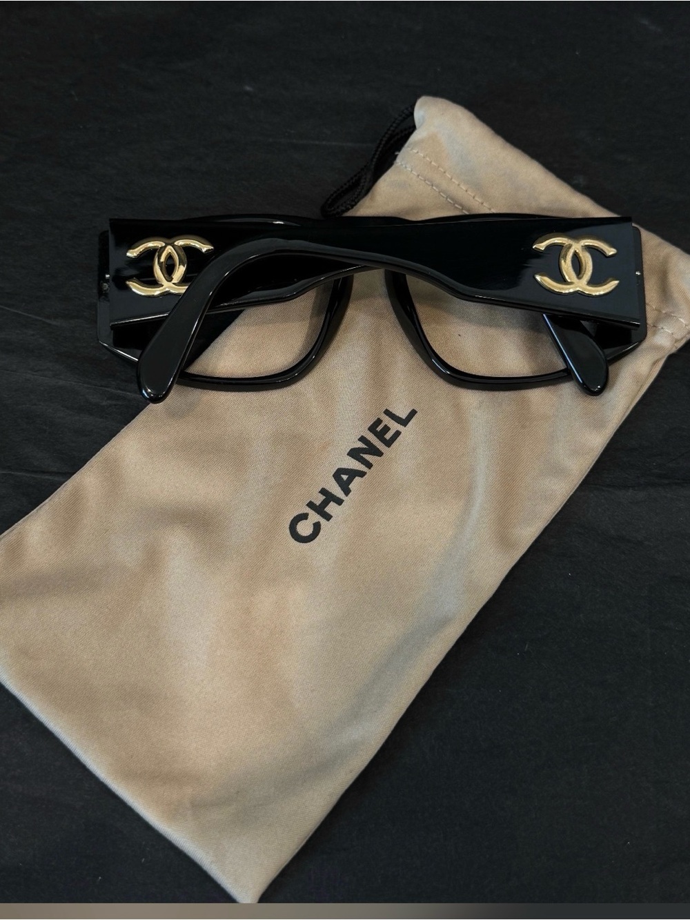 CHANEL Black Eyeglasses with no lenses with Gold CC Emblems